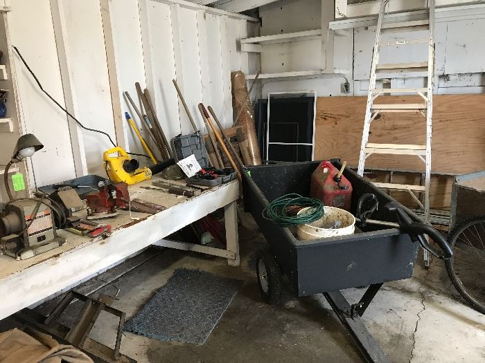 Ladders, garden tools, utility trailer