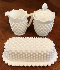 Vintage Hobnail Glass Cream and Sugar, Covered Butter Dish