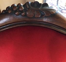 Antique Chair...Hand Carved Frame, Velveteen Fabric, Castors