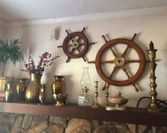 SHIP WHEELS Hurricane lamps! Brass urns! This is seriously some Ghost and Mrs. Muir Stuff. Anyone who references this at the sale gets 10% off!