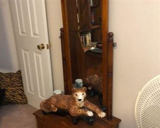 Hall mirror and trunk with leopard protecting the treasure within -- bargain!