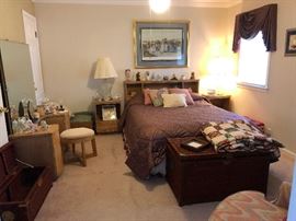 Double bed, pillow top mattress and box spring, bedding