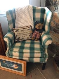 upholstered armchair complete with patriotic stuffed kangaroo (I'm not wearing my glasses)