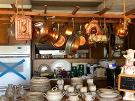 copper pots and handmade pot rack!