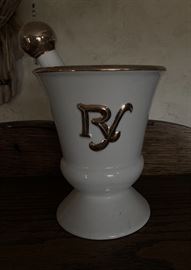 Rx Pestle Mortar Vintage Gold Trim Pharmaceutical	 