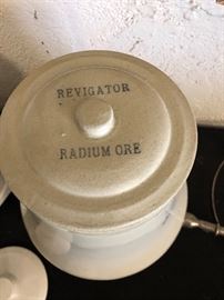 Antique early 1900’s revigator radium ore water cooler crock rare scarce stand 13” high Excellent no chips or cracks 