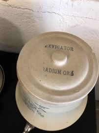 Antique early 1900’s revigator radium ore water cooler crock rare scarce stand 13” high some chips 