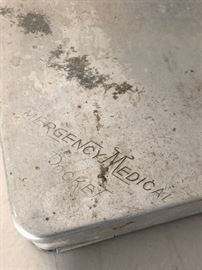 RARE ANTIQUE EMERGENCY MEDICAL POCKET KIT FRAISSE PARIS ALUMINUM CASE 6 VIALS