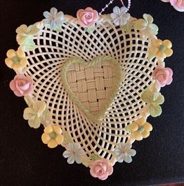Belleek 4-Strand Heart Basket Flower Rim Colored