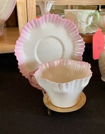 Belleek Hexagon Pink Cup w/ Saucer BLACK 1st Mark	