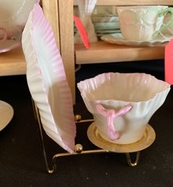 Belleek Hexagon Pink Cup w/ Saucer BLACK 1st Mark	