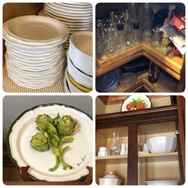 Pfaltzgraff dishes, glassware, Eva Gordon Vegetable plates.