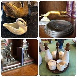 Weeping Bright Gold Swan, Beleek Swan Creamer; Brass & Bronze Greyhound AshTray;  Bookends; 