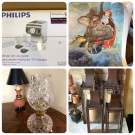 BRAND NEW  pasta maker;  Vintage George Buckett Prints; MacKenzie Childs unfinished pottery lamp; Waterford hurricane lamp; 4 matching hurricane lamps. 