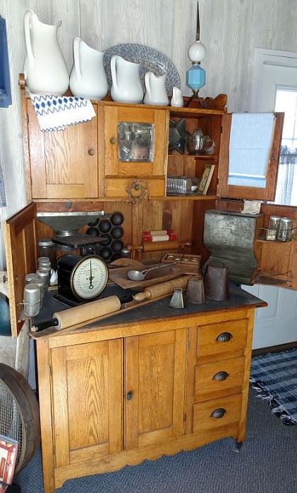2 Piece Oak Baker's Cabinet With Zinc Work Area & Flour Bin