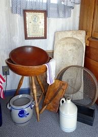 Wooden Standing Bowl W/ Windsor Legs, Trench Bowl, Tobacco Cutter, Stoneware, Sifter
