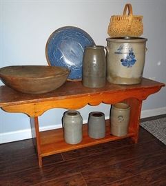Pine Bench, Wooden Bowls, Stoneware