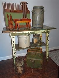 Wooden Bench In Old Paint, Glass & Wooden Butter Churns, Juicers & Press, Stoneware