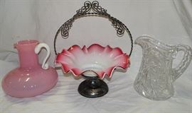 Art Glass, Cased Glass Brides Basket, Cut Glass