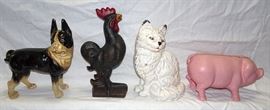 Cast Iron Door Stops, Dog, Rooster, Cat, Pig