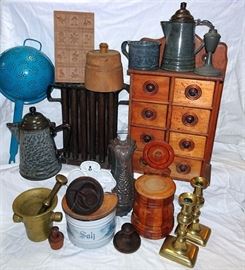 Primitives, Woodenware, Spice & Salt Boxes, Brass Mortar & Pestle, Graniteware, Tin Candle Molds, Food Molds, Butter Molds, Springerlee Cookie Boards, 