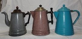 Graniteware Coffee Pots Incl. Wooden & Iron Handled