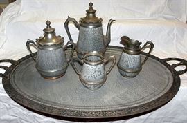 Rare Large Grey Granite & Pewter Oval Tray, Coffee Pot, Creamer, Sugar & Spooner