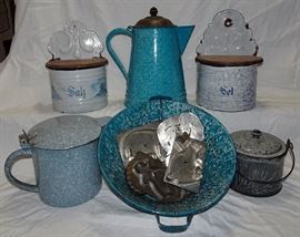Graniteware Salt Boxes, Coffee Pots, Berry Pales, Colander