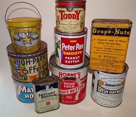 Advertising Tins, Coffee, Peanut Butter, Oatmeal, Etc.