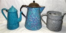 Blue & Grey Graniteware Coffee Pots, Milk Boiler