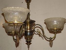 Brass Hanging 3 Arm Lamp With Glass Shades