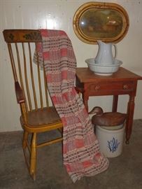 Walnut One Drawer Stand, Early Rocker, Coverlet