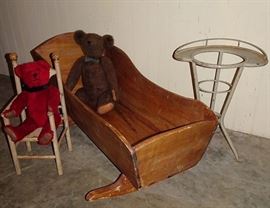 Child's & Doll Furniture, Cradle, Washstand, Chair & Teddy Bears