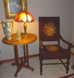 Walnut Parlor Table, Chair, Slag Glass Parlor Lamp