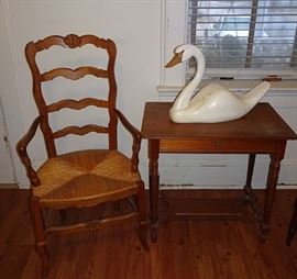 Walnut One Drawer Stand Table, Side Chairs, Swan Carved Decoy