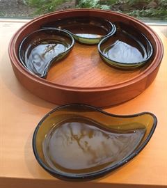 Dansk teak tray with teardrop green glass dishes, designed by Jens Quistgaard (tray is 14.5" across)