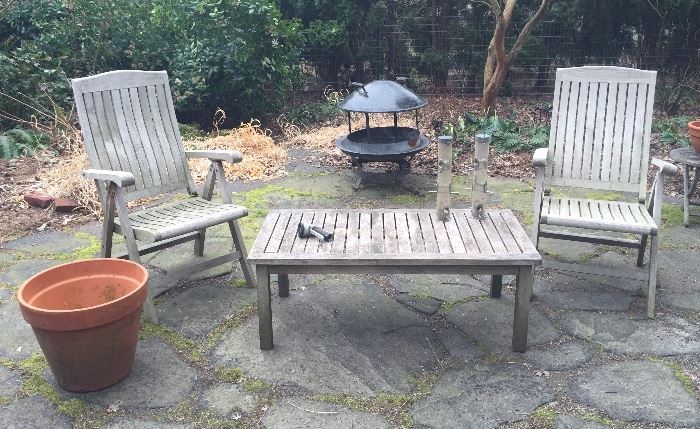 Weathered teak outdoor furniture: 2 reclining chairs + table, bird feeders, metal fire pit