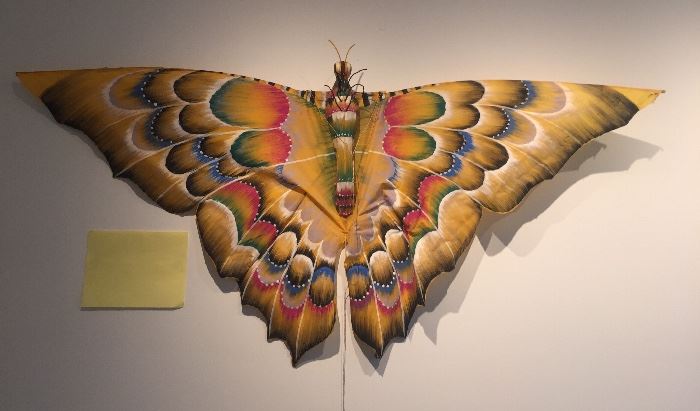 Painted cloth & bamboo butterfly kite with 78" wingspan (8.5" x 11" piece of paper on wall for scale)