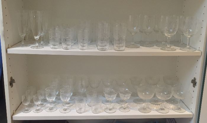 Loads of matching vintage stemware - this is all Tiffin "Corona" pattern (wreath & swag etched design)