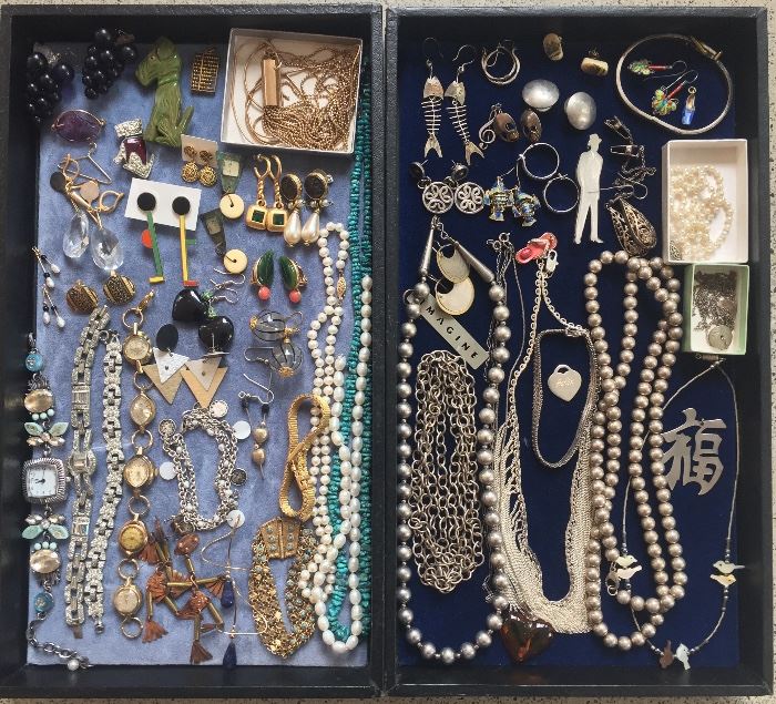 Artsy & eclectic jewelry - highlights include carved green Bakelite dog pin, 14K gold abacus charm, fun earrings incl. "Mum & Dad" by artist Bob Zoell/Acme Studios, bracelet made of vintage watches, real pearl necklaces, silver fishbone earrings, sterling bead necklaces & much more