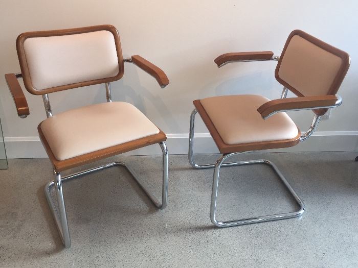 Pair of Marcel Breuer Cesca arm chairs with vinyl seats (made in Italy)