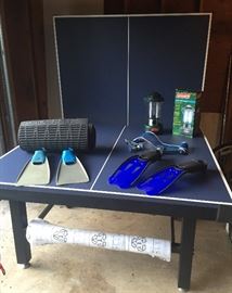 RidgeRest camping pad, swim fins (size 38-39 & 42-43), Coleman battery lantern (Ping Pong table is SOLD)