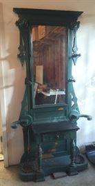 Antique Eastlake hall tree with mirror & slate shelf, 81" tall (yes, it's been painted)
