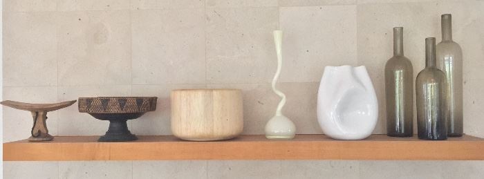 African wood headrest, wood/woven centerpiece bowl, Dansk salad bowl, vases & bottles