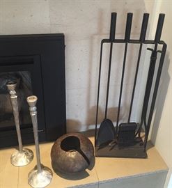 Tall West Elm candlesticks, African mbole (copper currency anklet), fireplace tools