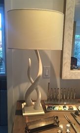 "Source Kudu" faux horn lamp from West Elm, mod chrome menorah, silverplate cracker holder