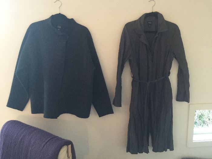 More Eileen Fisher: wool sweater jacket, cotton/nylon blend raincoat/trench. Both size medium.