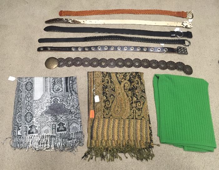 Stylish belts & just a few of the many scarves & wraps - green one is cashmere!