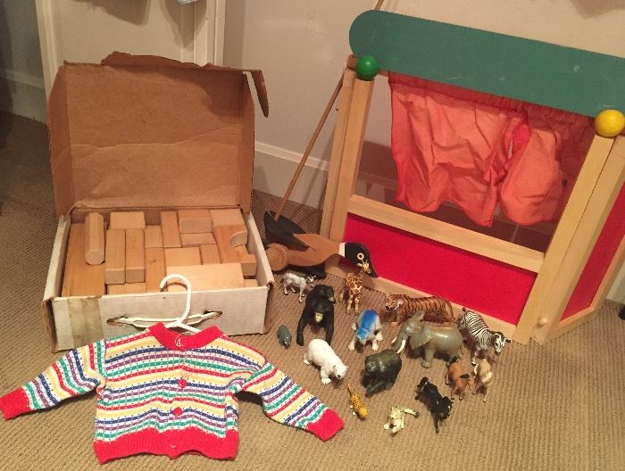 Brio wooden blocks, kids puppet theater, 90s Hanna Andersson sweater, toys animals (some Scleich)