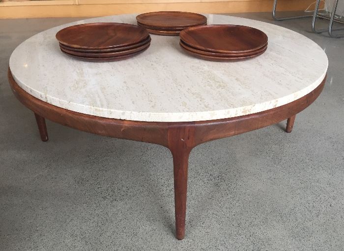 Mid century marble top coffee table (36" diameter, 14" high)  + Hawaiian koa wood plates by Blair